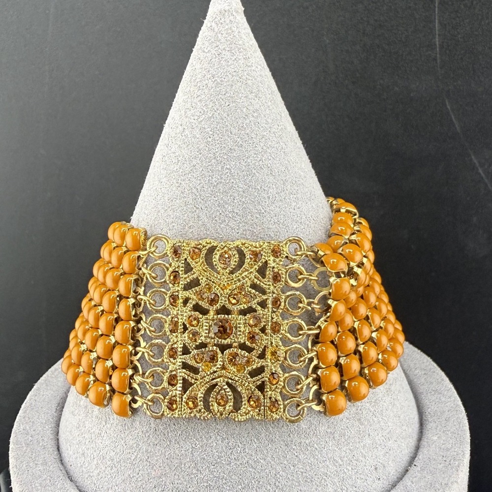 VCLM Bracelet Gold Orange Beaded Filigree Adjustable 6.5in